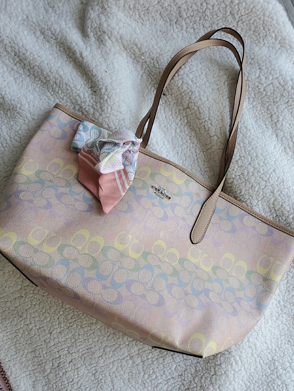 Coach Pastel Pink Signature Canvas Tote with Scarf Accent - Picture 4 of 16